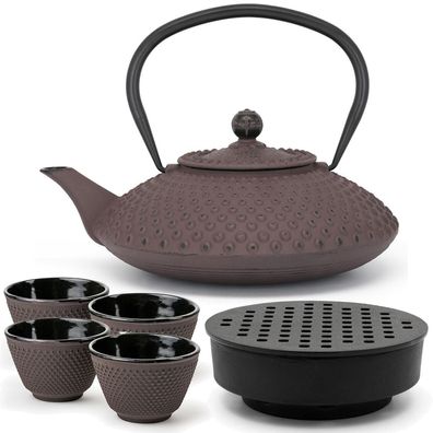Flache Gusseisen Teekanne Induktion 1.25 Liter lilafarbene Set & 4 Teebecher & Teewär