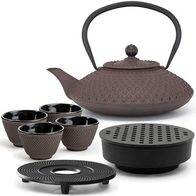 Bredemeijer Asia Teekanne Set Gusseisen 1,25 L lila Wärmer 4 Becher Untersetzer