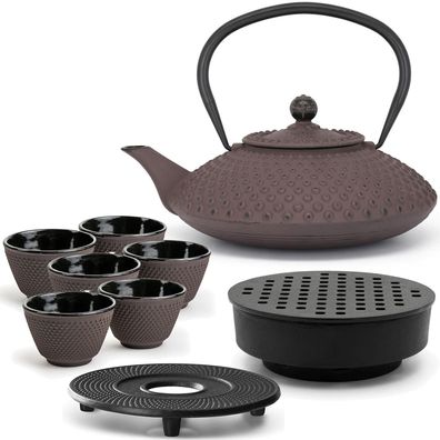Bredemeijer Asia Teekanne Set Gusseisen 1,25 L lila Wärmer 6 Becher Untersetzer