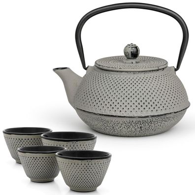 Bredemeijer Gusseisen Teekanne Set 0,8 L grau Asia mit Teefilter & 4 Teebecher