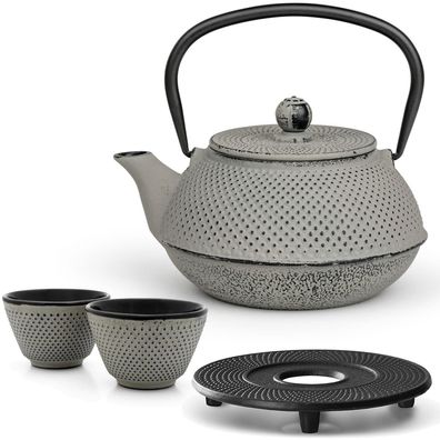 Bredemeijer Gusseisen Teekanne Set 0,8 L grau Asia Untersetzer & 2 Teebecher