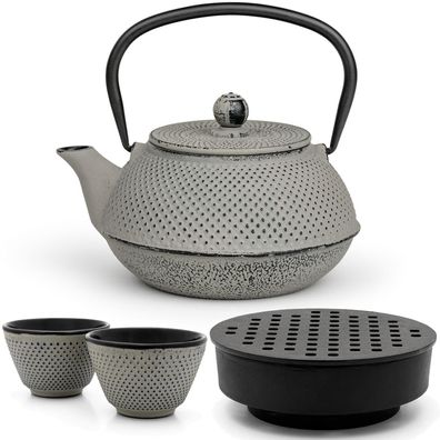 Bredemeijer Gusseisen Teekanne Set 0,8 L grau Asia Teewärmer & 2 Becher