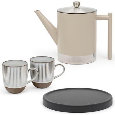 Bredemeijer doppelwandige Edelstahl Teekanne taupe 1.2 L schwarzer Untersetzer & 2 Ta