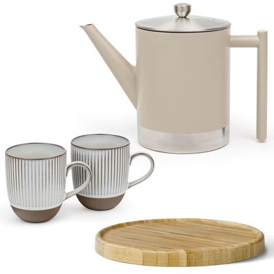 Bredemeijer doppelwandige Edelstahl Teekanne taupe 1.2 L & brauner Untersetzer & 2 Ta