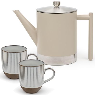 Bredemeijer große doppelwandige Edelstahl Design Teekanne taupe 1.2 Liter & 2 Teetass