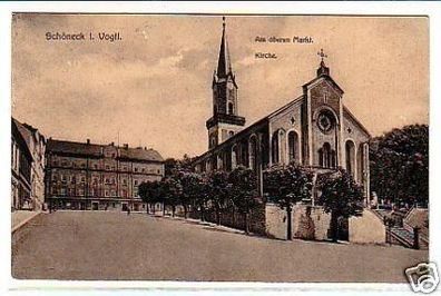 32073 Ak Schöneck am oberen Markt und Kirche 1913