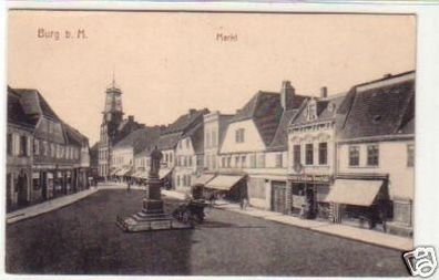 32156 Ak Burg bei Magdeburg Markt mit Geschäften um1910