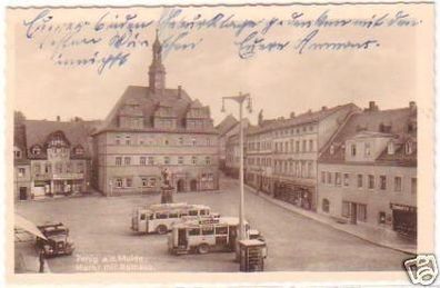 25938 Ak Penig an der Mulde Markt mit Rathaus 1945