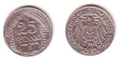 25 Pfennig Nickel Münze Deutsches Reich 1909 D Jäger 18