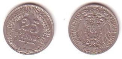 25 Pfennig Nickel Münze Deutsches Reich 1909 F Jäger 18