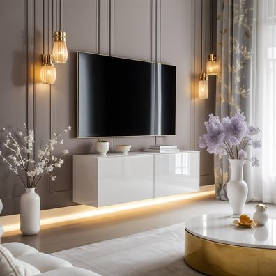 Lowboard PARIS 100cm Weiß Hochglanz Wohnzimmer TV- Schrank RTV LED Beleuchtung