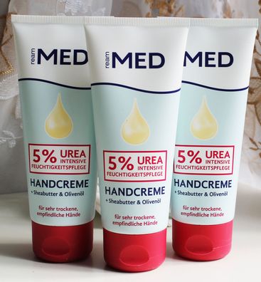 3x100ml Ream MED Handcreme intensiv Feuchtigkeitspflege 5% Urea Sheabutter Olive