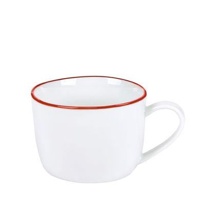 Lambert Piana Kaffee-Teetasse Porzellan, H 7 cm, D 9,5 cm, Dekor Rand weiß / rot