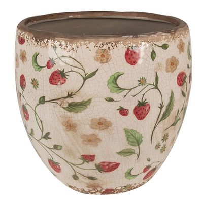 Clayre & Eef Blumentopf Ø 18x18 cm Beige Rot Keramik Erdbeeren (Gr. Ø 18x18 cm)