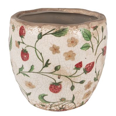 Clayre & Eef Blumentopf Ø 14x14 cm Beige Rot Keramik Erdbeeren (Gr. Ø 14x14 cm)
