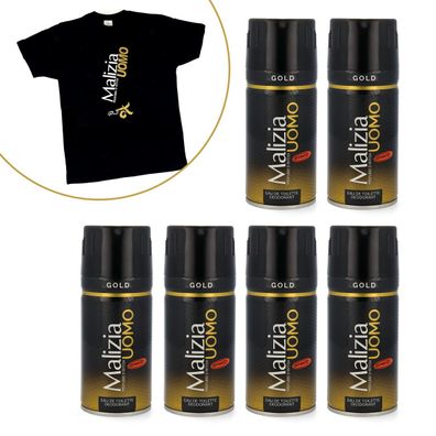 Malizia uomo GOLD Deo 6x 150ml Bodyspray + T-Shirt XL