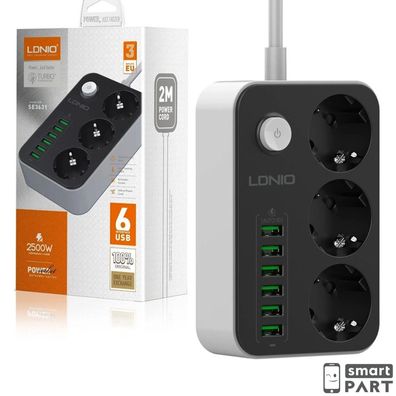 LDNIO Steckdosenleiste Netzladegerät 3x AC 6x USB 3.4A Auto-ID EU Schwarz 2M