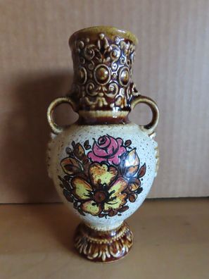 Vase Amphore Keramik klein beige brauner Kopf u. Fuß mit Blumen 1115