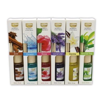 6x Living Home Duftöl Raumduft Set mit Deko Holzstäbchen 6 Duft-Sorten je 30ml