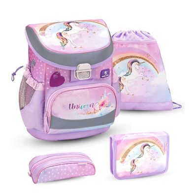 Belmil Mini-Fit ergonomisches Schulranzen-Set 4-teilig "Rainbow Unicorn" mit Brust