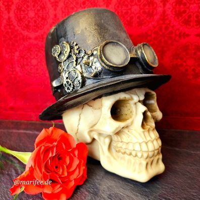 Skulptur Totenkopf mit Zylinder und Fliegerbrille, Steampunk Art.-Nr. 12394