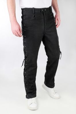 Schnürjeans Schnürhose Lederhose mit seitlicher Schnürung Rind Nubuk Leder schwarz