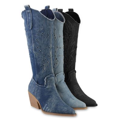 VAN HILL Damen Cowboystiefel Stiefel Spitze Denim Stickereien Schuhe 841571