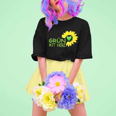 Spruch Bündnis 90 Die Grünen Grün mit Herz Damen T-Shirt oversize Bio-Baumwolle