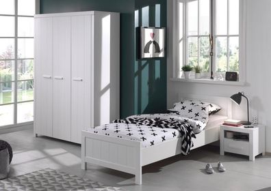 Set Einzelbett 90x200 Nachtkonsole Kleiderschrank Kindermöbel Lattenrost Weiß