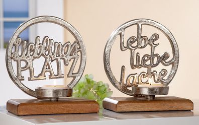 GILDE Teelichtleuchter, rund, "Spruch", lebe, liebe, lache, Spruch, Aluminium,