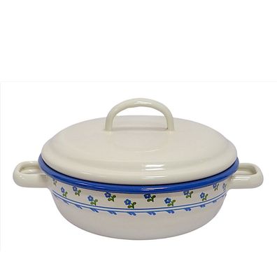 Emaille Bauernschüssel mit Deckel, Schüssel, Suppenschüssel Creme Blümchen 16 cm
