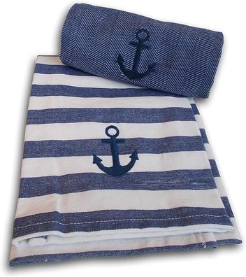 2er Set Geschirrtuch mit aufgesticktem Anker Blau Weiß 100% Baumwolle