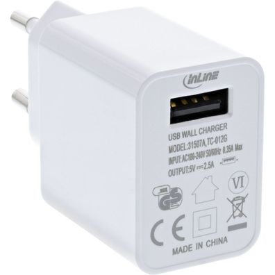 InLine® 31507A USB Ladegerät Single, Netzteil, Stromadapter, 100-240V zu 5V/2,5A,