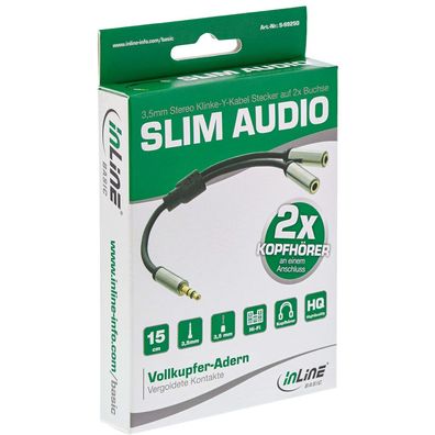 InLine® S-99250 Slim Audio Y-Kabel Klinke 3,5mm ST an 2x Klinke BU, 0,15m