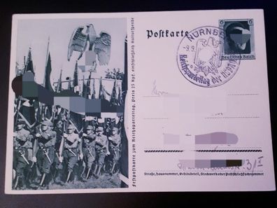 Ganzsache Festpostkarte zum Reichsparteitag mit Sonderstempel Nürnberg - gelaufen