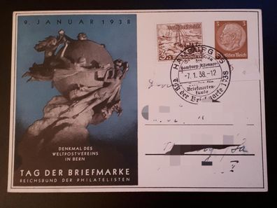 Ganzsache Postkarte Tag der Briefmarke 1938 mit Sonderstempel