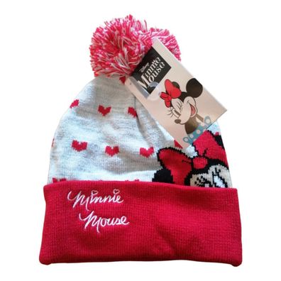 Minnie Mouse Strickmütze für Mädchen | Rot-Grau | 100% Acryl | 52 & 54