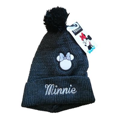 Warme Minnie Mouse Strickmütze mit Bommel / Pompons, Bommelmütze, grau mit Schriftzug