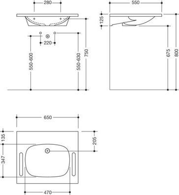 HEWI Waschtisch M 40, B:650mm, T:550mm, alpinweiß, ohne ÜL, ohne Hl