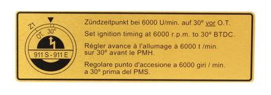 30° VOR OT Zündzeitpunkt Klebeschild FÜR Porsche 911E 911S 2.0 911 90100651001