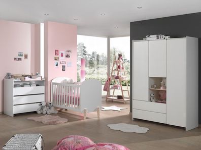 Set Babyzimmer Babybett Kommode Wickelaufsatz Kleiderschrank 60x120 Regal Weiss