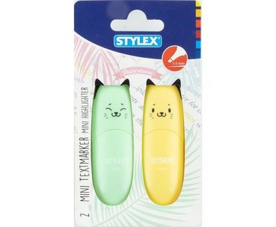 Mini Textmarker 2er-Pack Katzendesign GELB und GRÜN Pastell