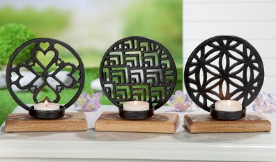 GILDE Teelichtleuchter, "Circle", Lebensblumenmotiv, Aluminium, Mangoholz, schwarz