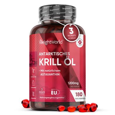 Omega 3 Krillöl Kapseln - 1200mg mit Astaxanthin & Cholin -180 Weichkapseln für 3 Mon