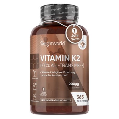 Vitamin K2 MK7-365 vegane Tabletten - 200µg je Dosis - WeightWorld