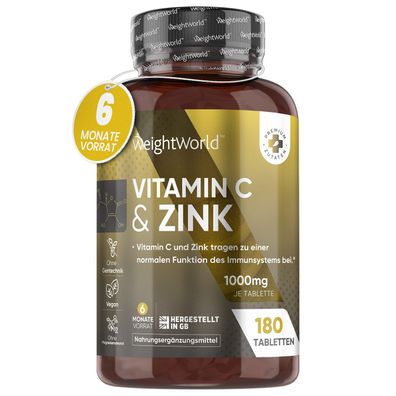 Vitamin C & Zink Tabletten - 6 Monate Vorrat - 1000mg Vitamin C pro Tablette