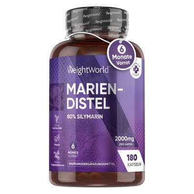 Mariendistel Kapseln - 2000mg Pulver - Mit 80% Silymarin - 180 vegane Stück