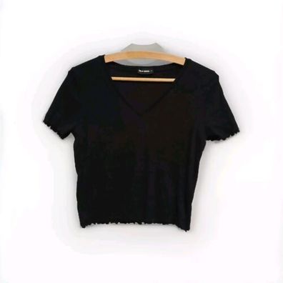 Tally Weijl Shirt Gr. XL Damen cropped schwarz gerippt V kurzarm Oberteil * A8
