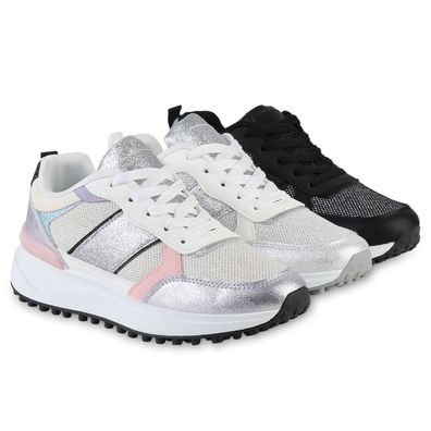 VAN HILL Damen Plateau Sneaker Schnürer Glitzer Profil-Sohle Freizeit Schuh 841560