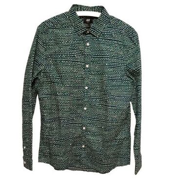 H&M Herren Hemd Gr. M Slim fit grün weiß Muster langarm Kragen Knöpfe * A11